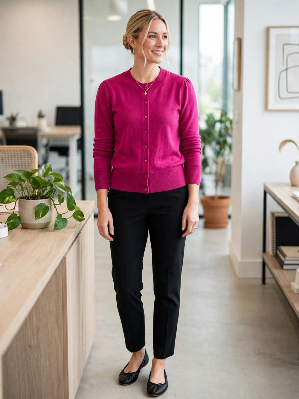 Sarah Spencer Fuchsia Cardigan 100% Merino Wool Crewneck Size XL